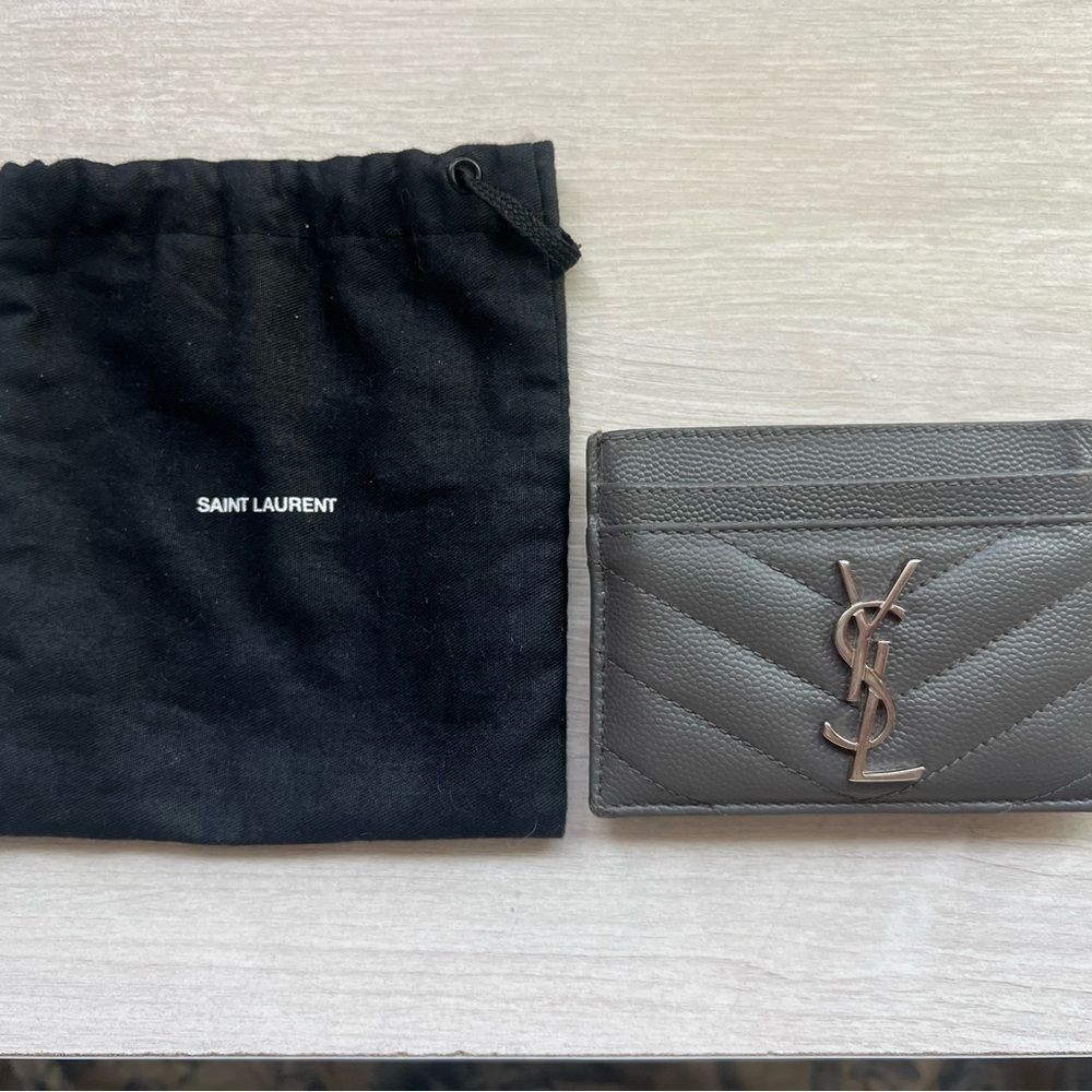 Authentic Gray YSL cardholder case with silver hardware